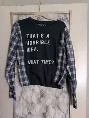 Graphic Pullover  Crop with Plaid Sleeves - Charcoal Gray & Blue